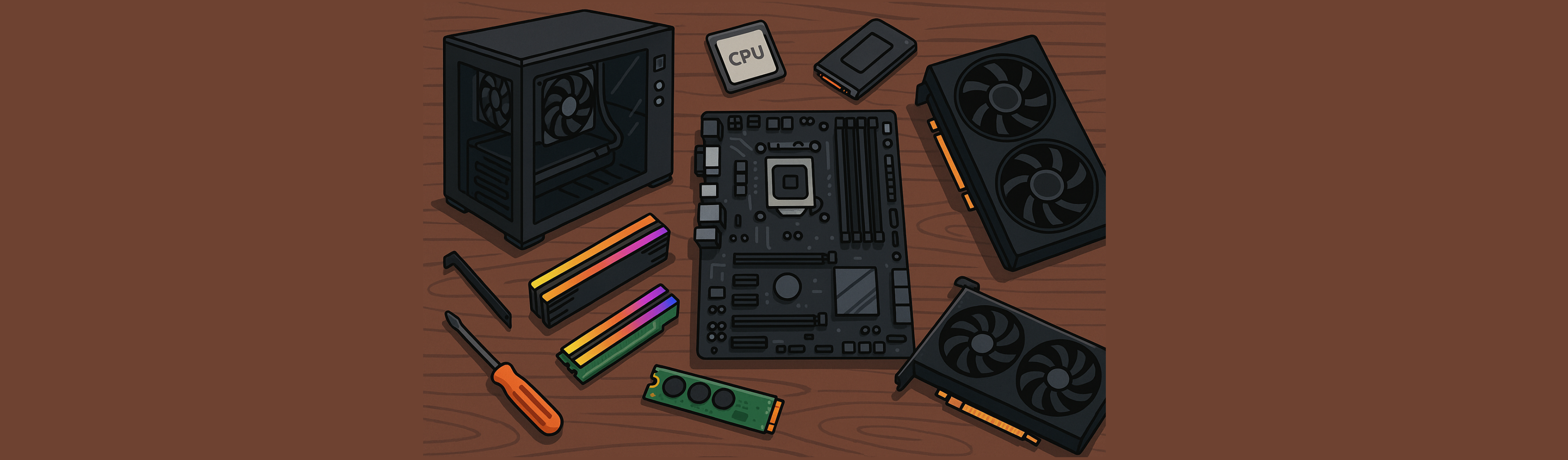 PC parts laid out on a desk for building